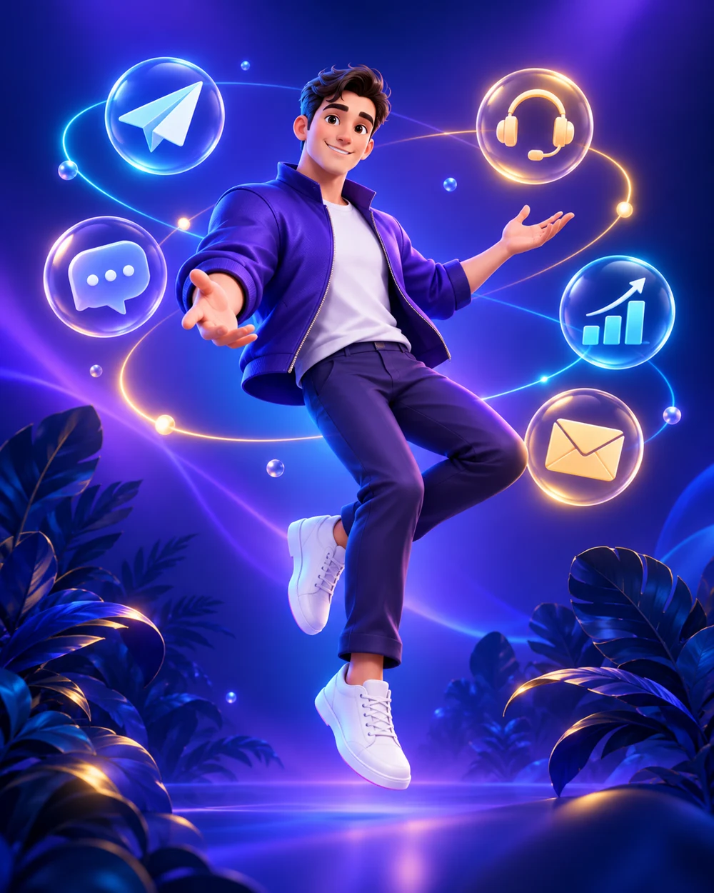 A male professional surrounded by glowing communication and customer support symbols
